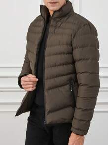 RueChic Men Zip Up Puffer Coat - Khaki - View 3