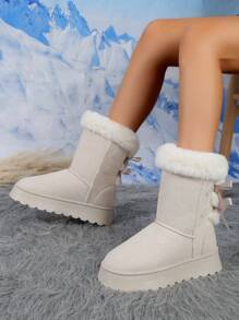 女性時尚和舒服的加厚和濃烈香調毛茸茸翻領淺褐色的麝皮雪地靴帶厚,防滑 - 米色 - 查看 4