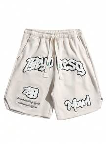 Men's Summer Drawstring Waist Shorts With Embroidered Letter Patchwork Detailing - Apricot - View 1