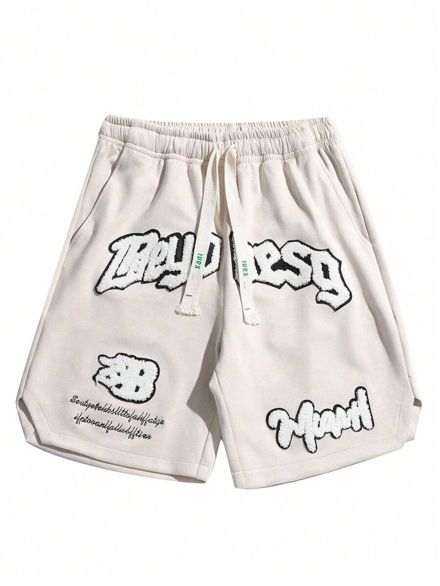 Men's Summer Drawstring Waist Shorts With Embroidered Letter Patchwork Detailing - Apricot - View 1