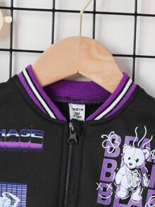 Baby Boy Letter Graphic Striped Trim Bomber Jacket - Black - View 6