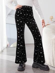 SHEIN 女大童星星印花喇叭褲 - 黑色 - 查看 3