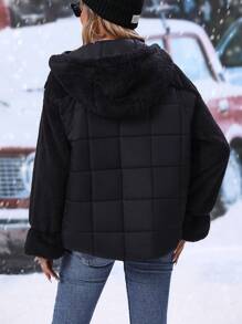 SHEIN LUNE Teddy Panel Drop Shoulder Drawstring Hooded Zipper Padded Padded Coat Clothes Winter - Black - View 2