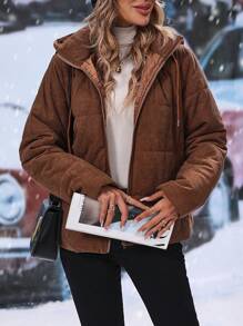 SHEIN LUNE Zipper & Drawstring Hooded Padded Padded Coat Clothes Winter - Brown - View 5