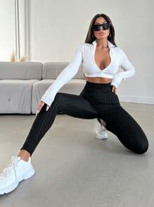 EURMUSE High Waist Striped Leggings - Black - View 4