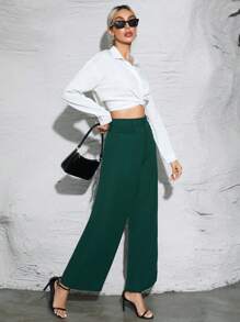 SHEIN Essnce Chất rắn Túi nghiêng quần ống rộng Quần tây - Màu xanh lá cây đậm - Xem 5