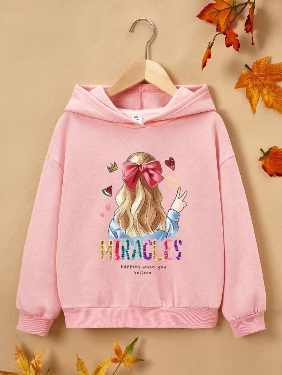 SHEIN Áo nỉ tay trễ vai in hình nhân vật và khẩu hiệu dành cho bé gái tuổi teen - Hồng - Xem 1