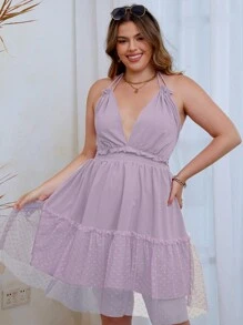 SHEIN LUNE Talla grande Vestido de lunares de malla de cuello halter con bajo con fruncido - Púrpura malva - Ver 3