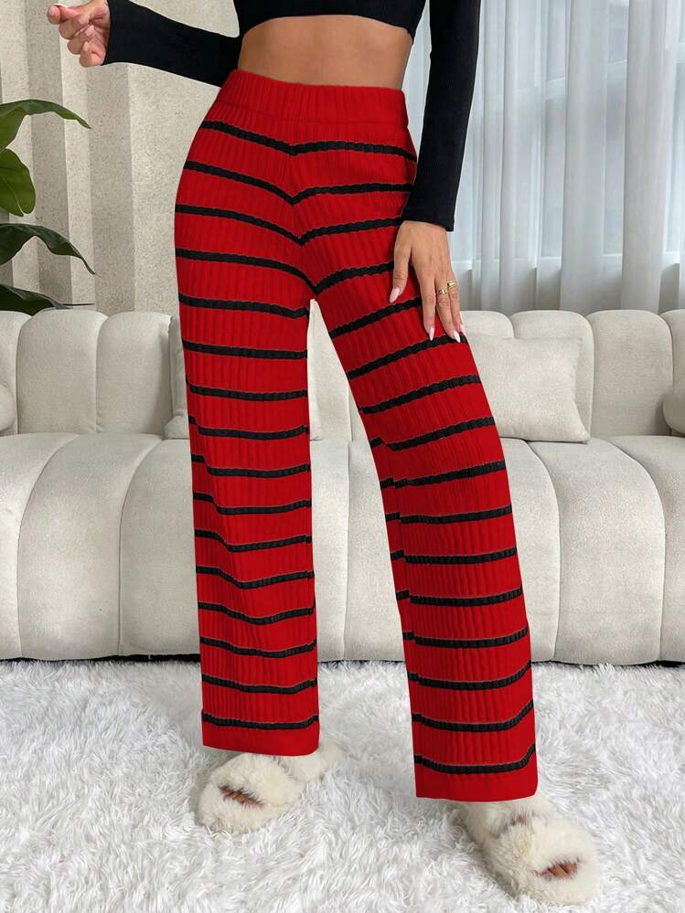 SHEIN LUNE Casual Striped Elastic Waist Straight Leg Knitted Pants