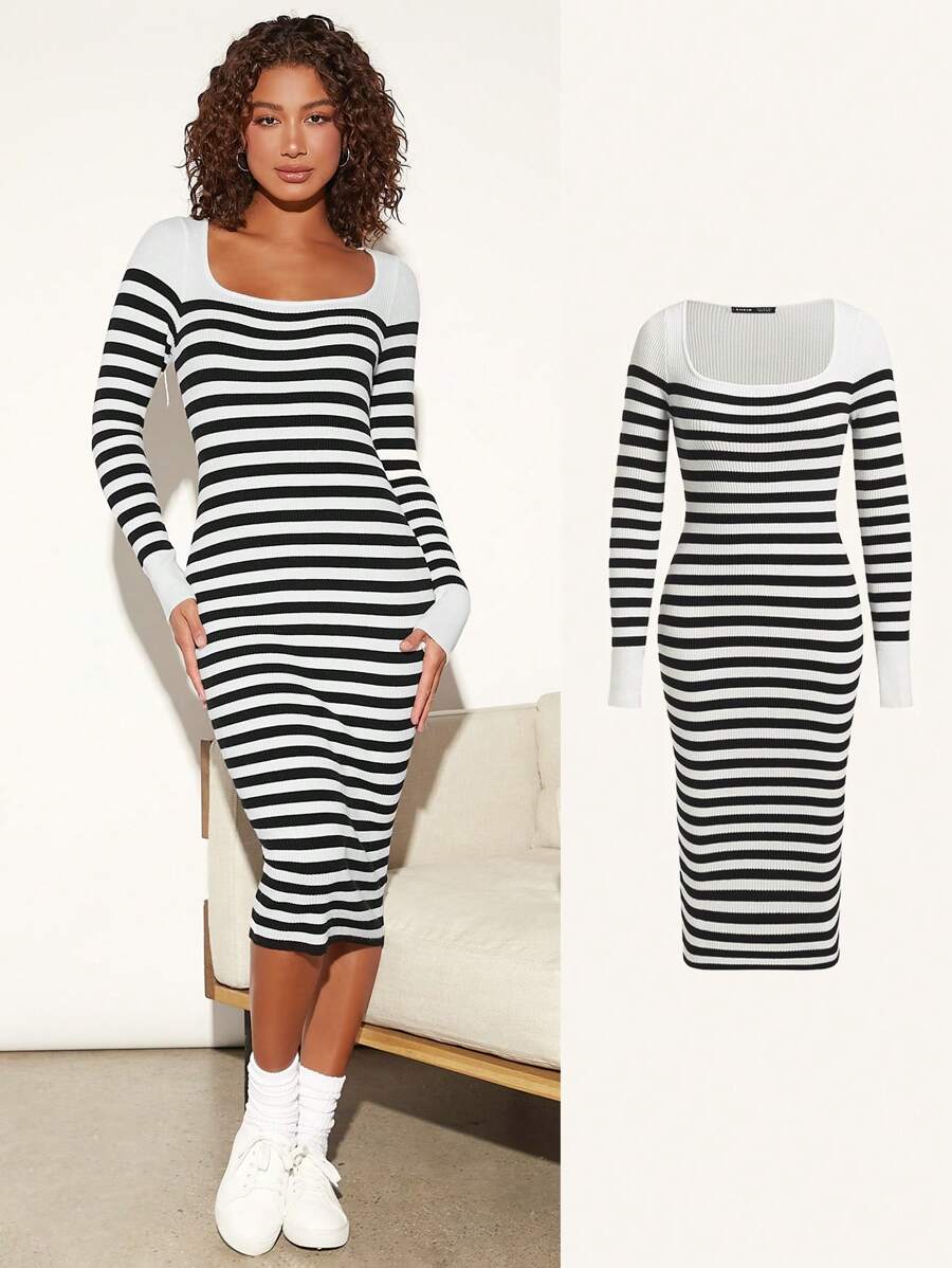 SHEIN BASICS Striped Pattern Square Neck Sweater Dress - Multicolor - View 1