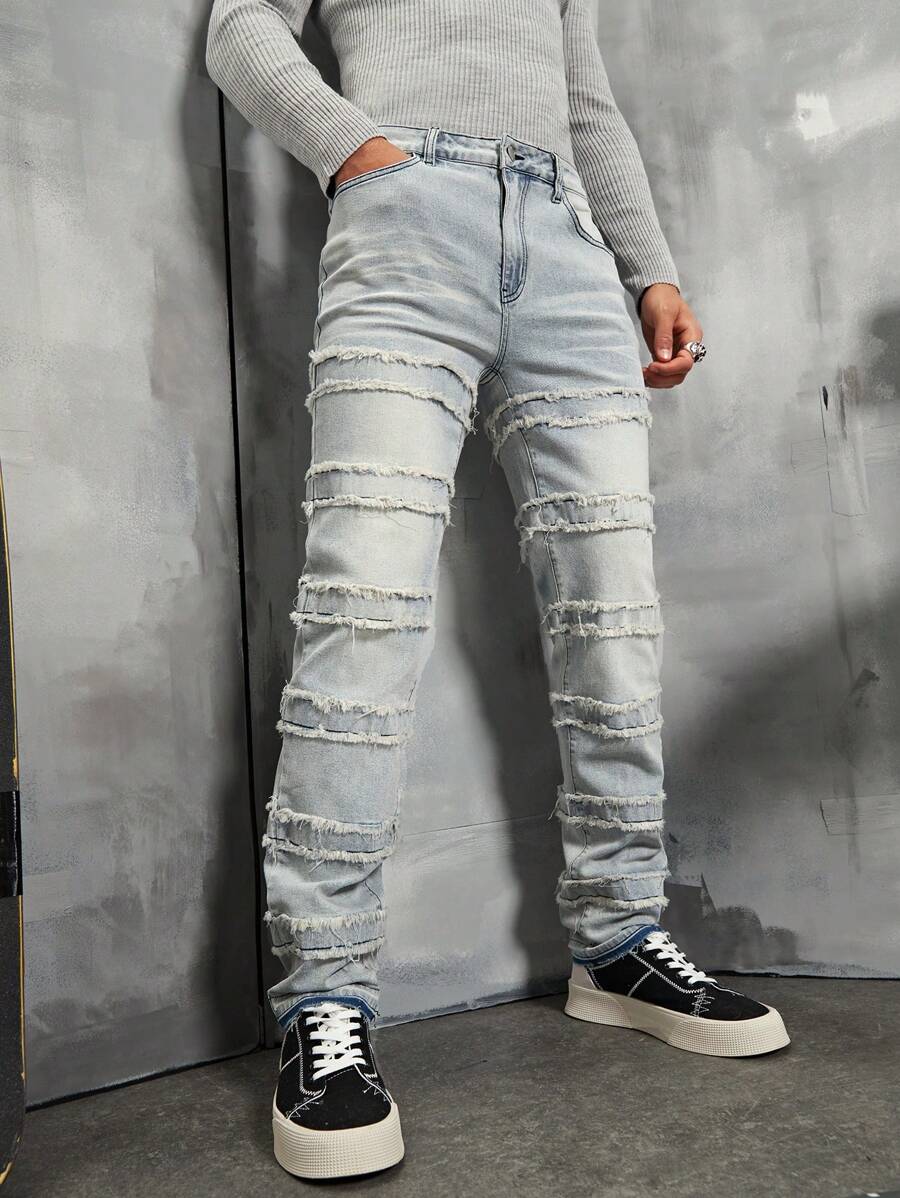 Manfinity Roghcode Men's Frayed Edge Denim Jeans - Blue - View 1