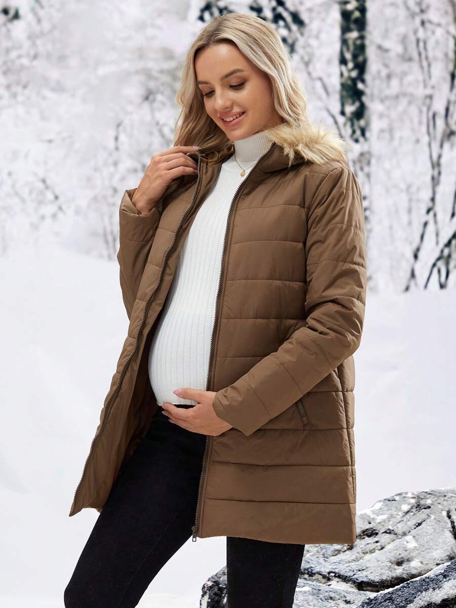 SHEIN Maternity Hooded Jacket With Collar - Brown - View 1