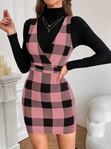 SHEIN Privé 女士格紋無袖連身裙 - 粉色 - 查看 4