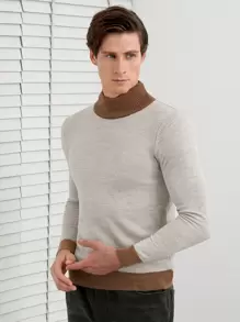 SHEIN Cottnline Men Contrast Trim Mock Neck Sweater - Camel - View 5