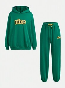 SHEIN 2 piezas Conjunto de sudadera con capucha con estampado de letras y pantalones de forro polar de unicolor, engrosado, para chicos adolescentes