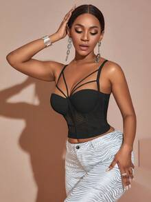 Y2k 性感狂欢节网眼镂空细肩带露背束身衣短款吊带夜店装上衣万圣节服装女式秋季服装