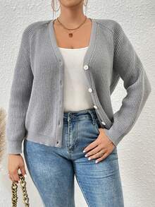SHEIN Franclia Plus Raglan Sleeve Button Front Cardigan - Grey - View 2