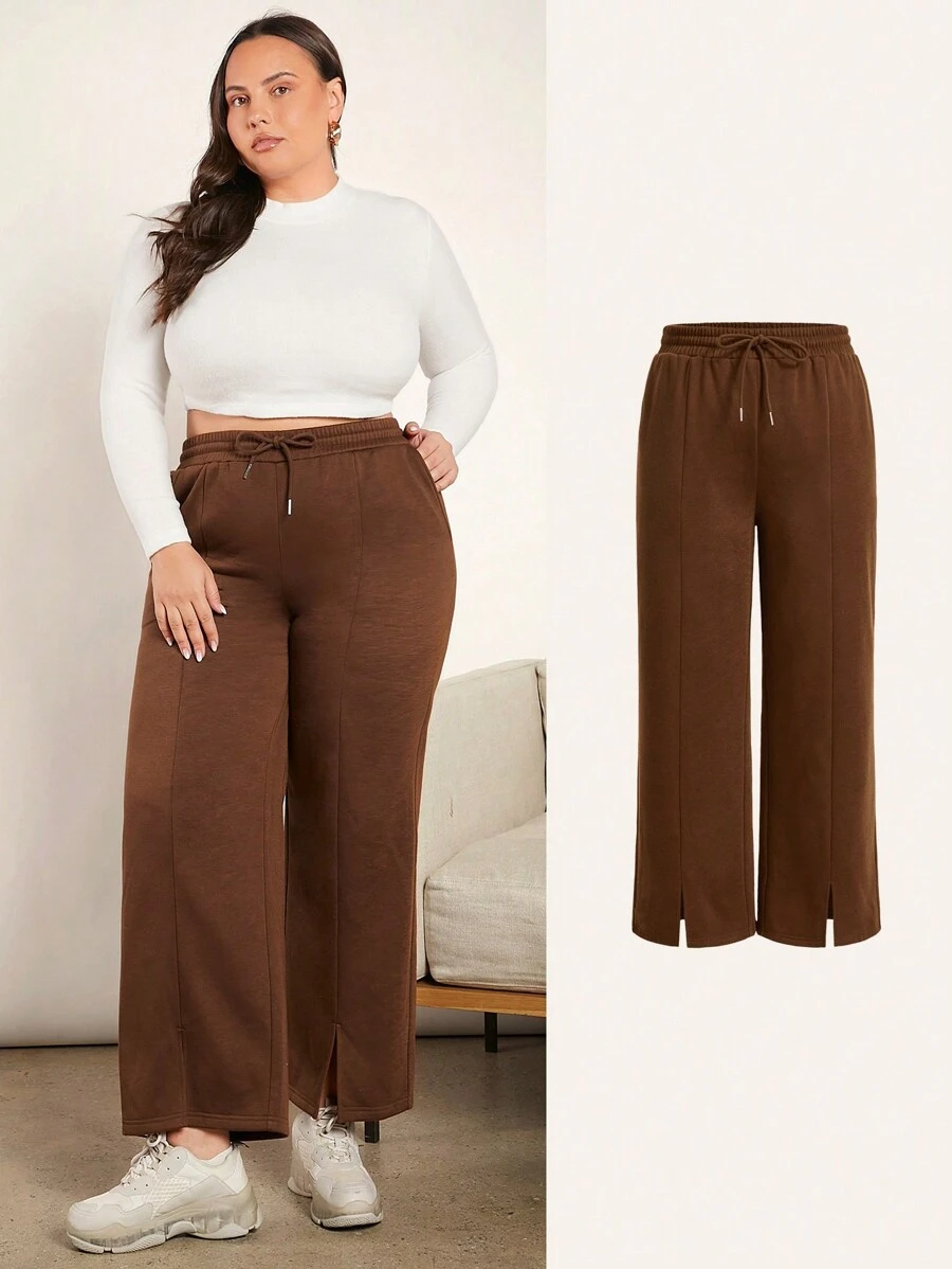 SHEIN BASICS Plus Drawstring Waist Split Hem Sweatpants - Coffee Brown - View 1