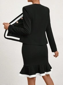 SHEIN Privé Women's Contrast Trim & Fish Tail Blazer Suit, Winter, Business Casual, Elegant, Black And White - Black and White - View 2