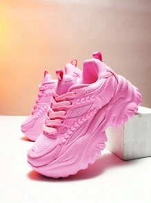女款增高厚底平台運動鞋，粉色系列，可愛COSplay風格，日常休閒鞋款，配有流蘇和花朵裝飾，校園跑步鞋，增高6-7CM厚底 - 粉色 - 查看 5