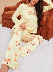 女士卡通狐狸圖案睡衣套裝 - 黃色 - 查看 4