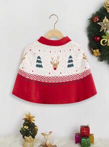 SHEIN Young Girl Christmas Pattern Raglan Sleeve Cape Sweater - Multicolor - View 2