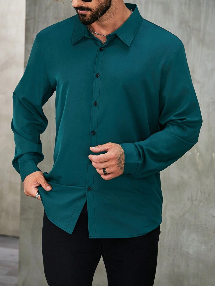 Manfinity Homme Men Plus Solid Button Up Shirt, Plain Urban Long Sleeve Collar Regular Shirt - Green - View 1
