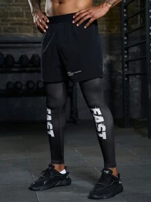 Manfinity Athleisure Men's Letter Printed 2 In 1 Sports Pants - Black - View 5