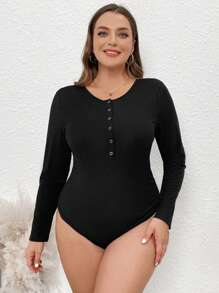 SHEIN LUNE Kích thước lớn Nút phía trước Sọc Áo liền quần chặt - màu đen - Xem 5