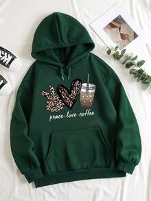 加大码字母与心形印花抽绳连帽运动衫，带保暖内衬和落肩 - 墨綠色 - 查看 6