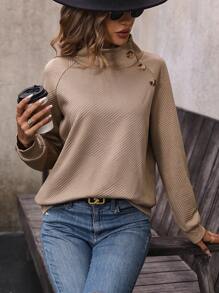 SHEIN LUNE Mock Neck Button Detail Raglan Sleeve Sweatshirt - Khaki - View 5