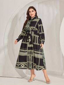 Mulvari Kích thước lớn Họa tiết Hình học Thắt lưng Váy sơ mi - màu đen - Xem 6