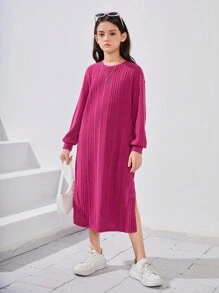 女大童素色下擺開叉落肩袖洋裝 - 藍色 - 查看 5
