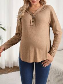 SHEIN Maternity Half Button Drop Shoulder Tee - Apricot - View 6