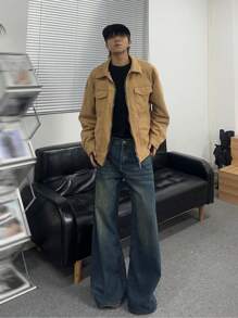 Claim Dot Loose Wide Leg Jeans With Slant Pockets For Men Plain Dark Blue Long Distressed Boot Cut Jeans Oversize Cargo Jeans, For Husband, Boyfriend Gifts - Medium Wash - View 6