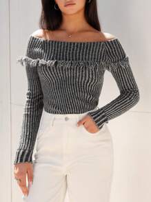 SHEIN EZwear Off Shoulder Xén Thô Áo len - Xám - Xem 4