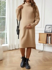 SHEIN Maternity Turtleneck Drop Shoulder Split Hem Dress - Apricot - View 3