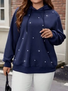 Celure Plus Size Pearls Beaded Drop Shoulder Drawstring Sweatshirt - Navy Blue - View 6