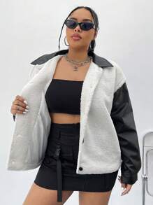 SHEIN EZwear Kích thước lớn Màu sắc Chặn Thả vai Tay áo Áo khoác - Đen và trắng - Xem 4