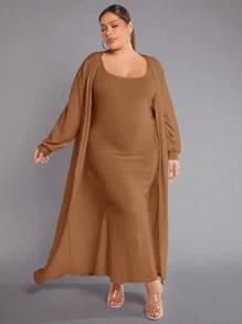 SHEIN SXY Hơn Chất rắn Váy bodycon Với Mở Mặt trước áo - màu nâu - Xem 3