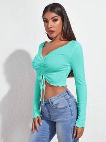 SHEIN Essnce 前抽繩木耳邊短款T恤 - 薄荷藍 - 查看 4