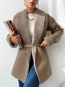 SHEIN Cottnline Women's Fleece Lined Pu Jacket With Patchwork Design - Mocha Brown - View 1