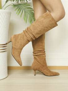 Women's Pointed Toe Pleated High Heel Boots With Suede And Leather Material, Black Color, Knee-High, Slip-On, Fashionable Hot Seller For Autumn/Winter - Apricot - View 7