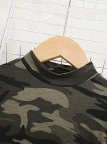 SHEIN Young Girl Stylish Streetwear Camo Knit Long Sleeve Top With Pu Leather Skirt