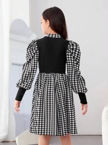 SHEIN Cô gái Tween In Houndstooth Cổ giả Ống tay áo Nơ mặt trước Đầm - màu đen - Xem 2