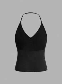 SHEIN 3pcs/Set Tween Girls Athletic Street Style Solid Color Halter Crop Top, V-Neck Snug Fit Tank Top (Black-White-Army Green) - Multicolor - View 9