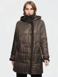 Astrid Plus Size Double Breasted Contrast Teddy Collar Padded Coat - Camel - View 1