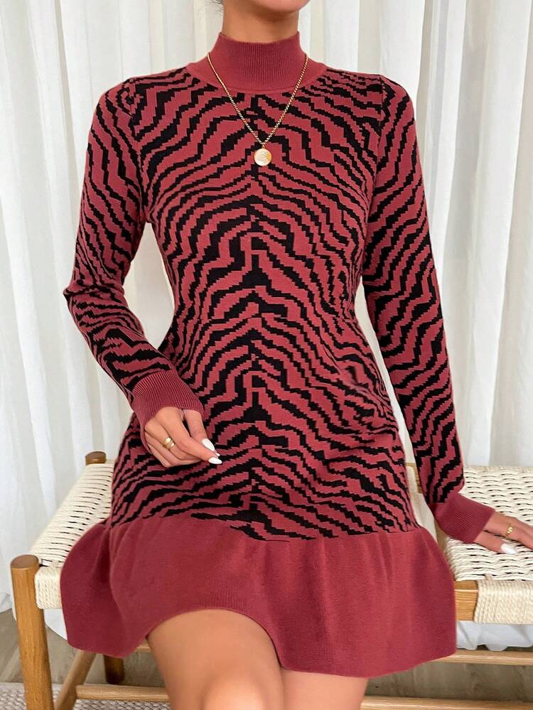 Graphic Pattern Ruffle Hem Sweater Dress