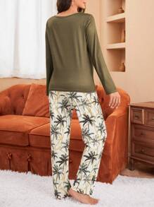 Coconut Tree Patterned Women's Pajama Set, Fall Winter Clothes