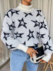 SHEIN LUNE Star Pattern Turtleneck Lantern Sleeve Sweater Knit Pullover Fall Winter Outfit - Black and White - View 6